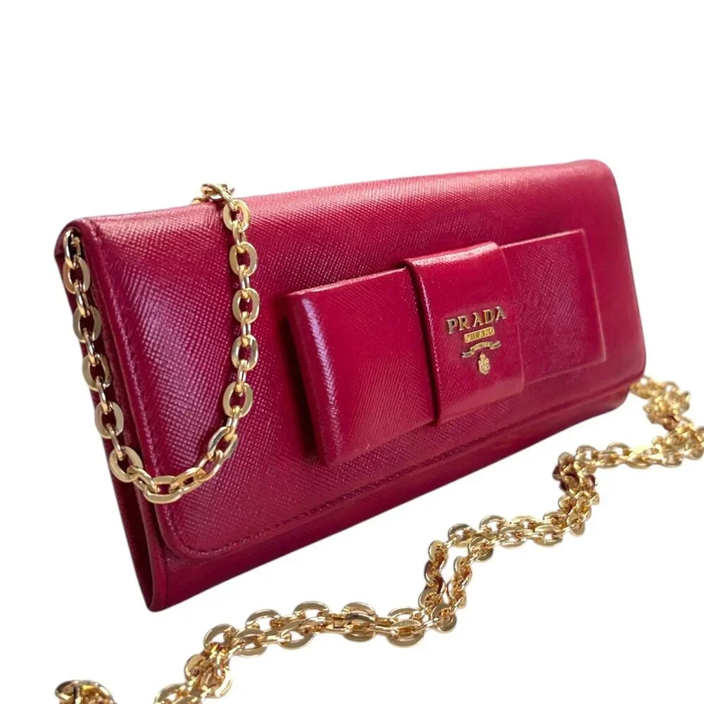 PRADA Magenta Saffiano Leather Bow Wallet with added Chain - Picture 3 of 9